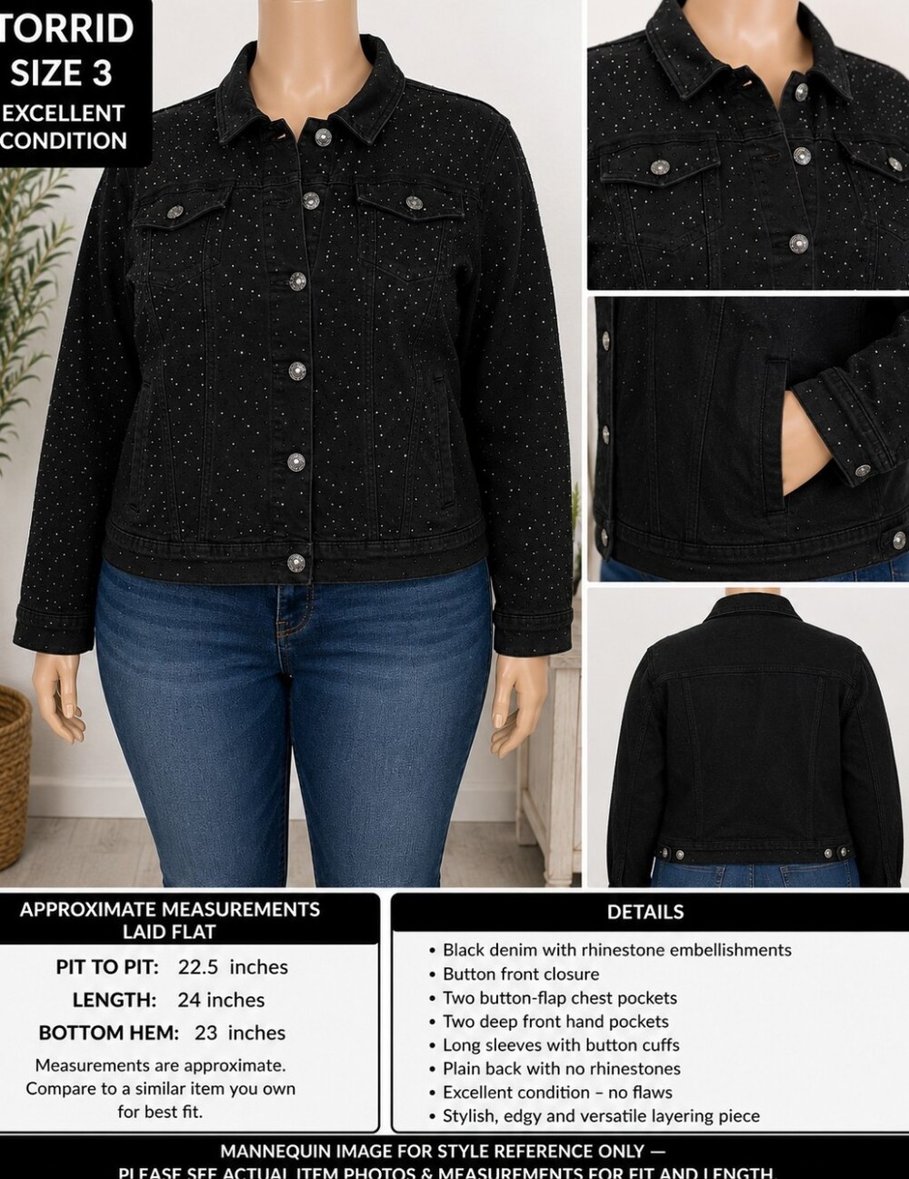 Torrid Size 3 Black Rhinestone Studded Denim Jean Jacket Plus Size. Deep Pockets
